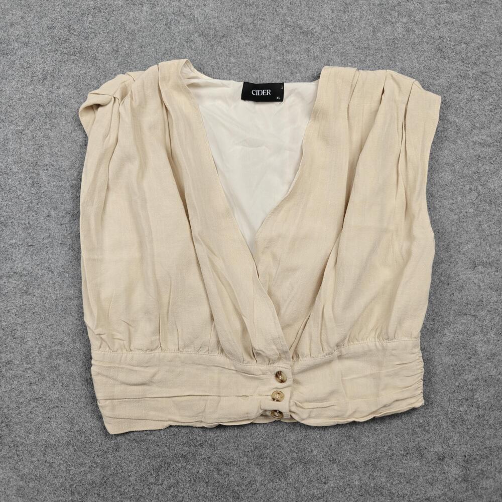 CIDER Blouse Womens XL Beige Cropped V-Neck Puff Sleeve Button Lined Polyester